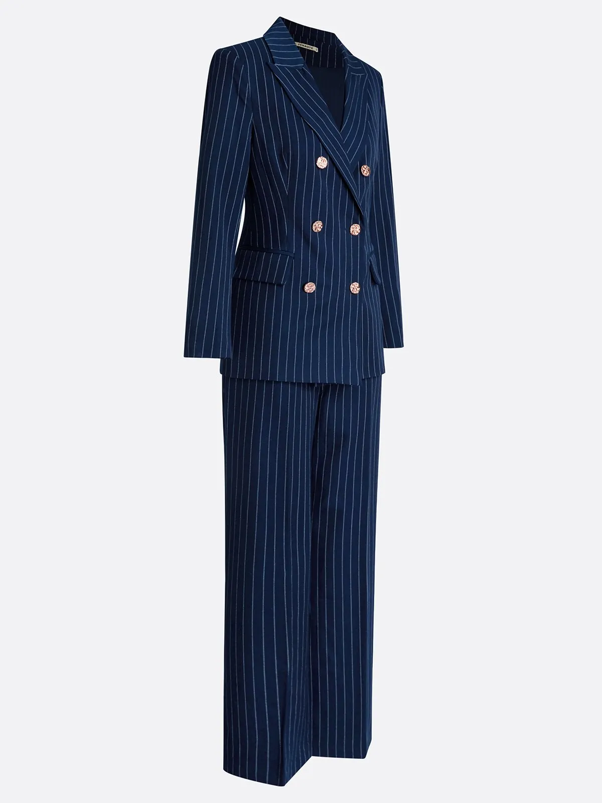 Women Navy Blue Buckle Lapel Collar Long Sleeve Dressy Blazer With Pants Two-Piece Set