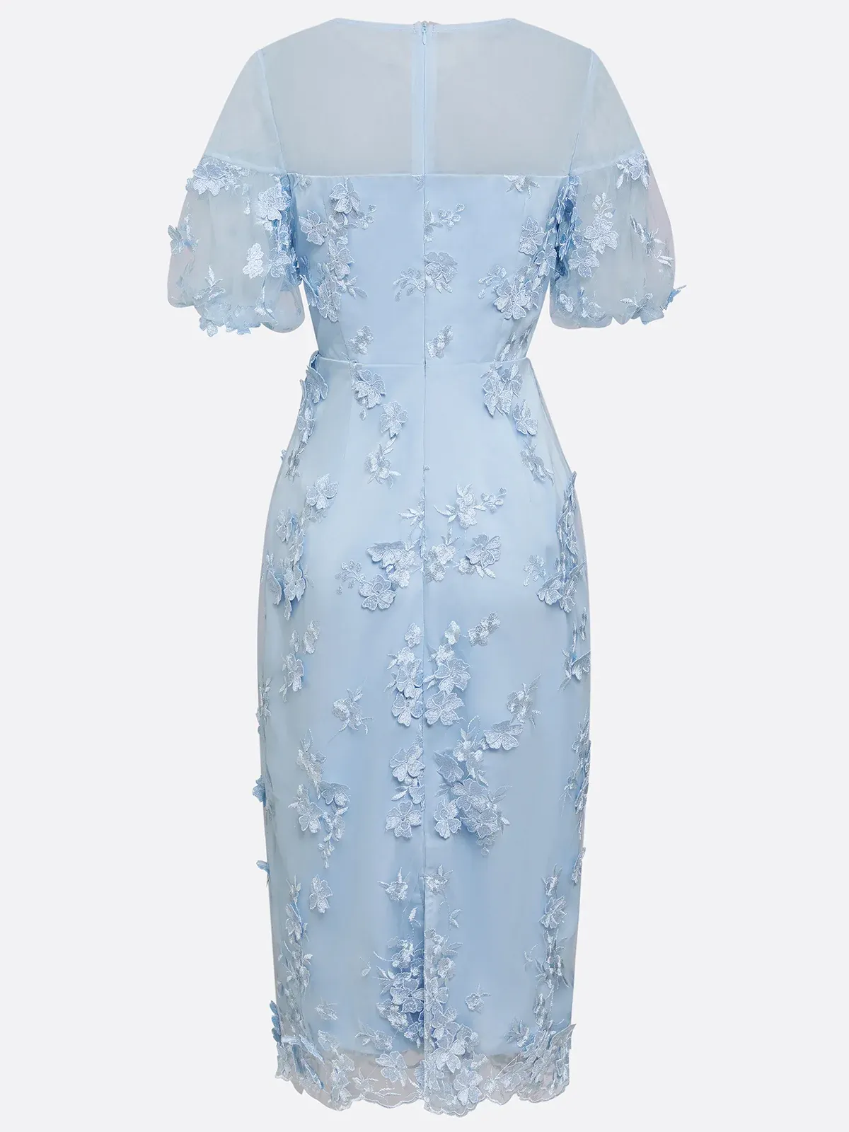 Light Blue 3D Floral Appliqué Lace Crew Neck Short Sleeve Puff Sleeve Sheath Midi Dress