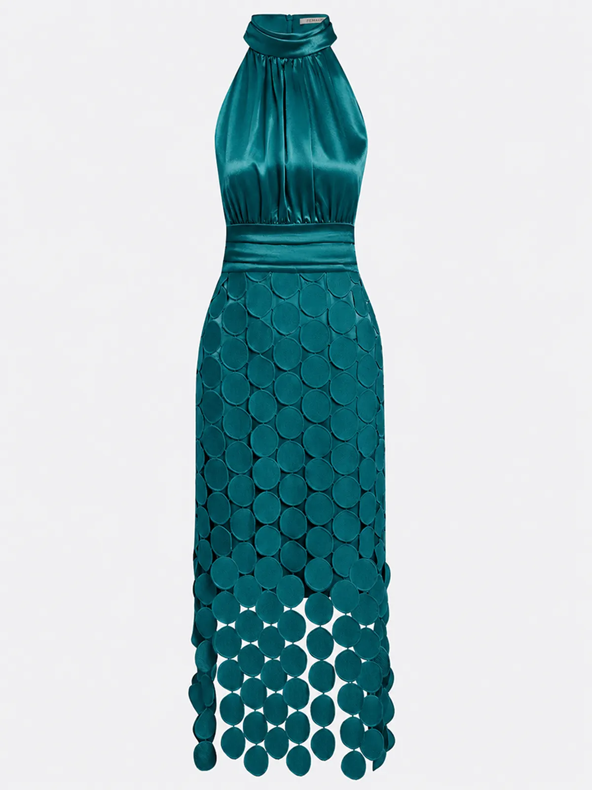 Cyan Ruched Satin Halter Neck Sleeveless A-Line Midi Dress