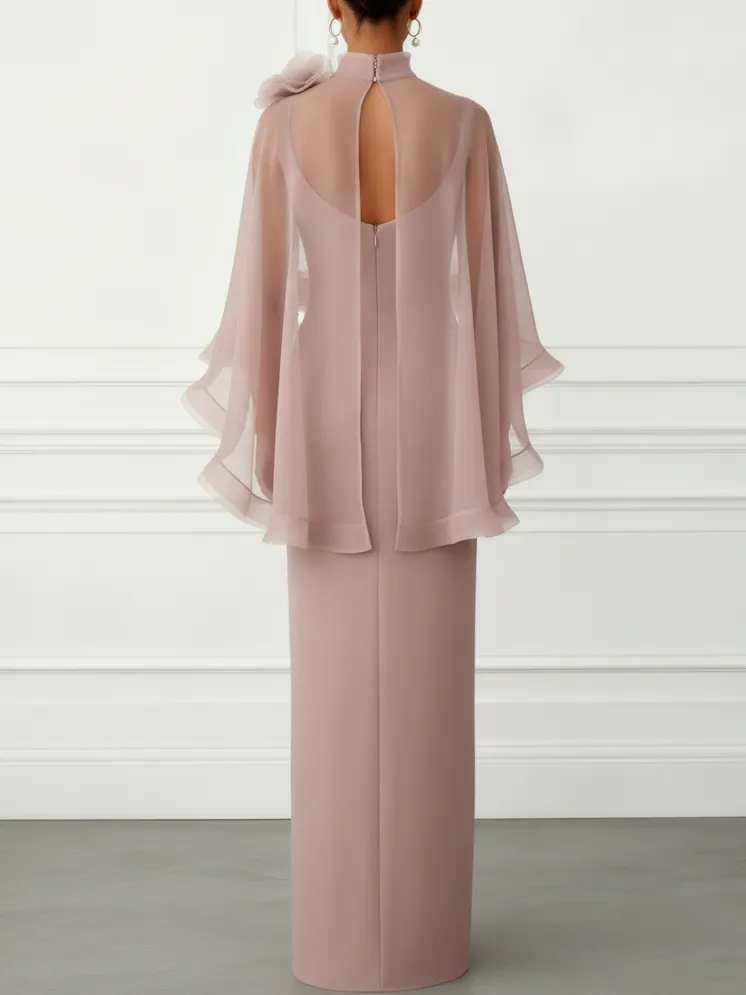 Nude Pink 3D Floral Mesh Classic Mock Neck Half Sleeve Sheath Floor-length Gown Dress