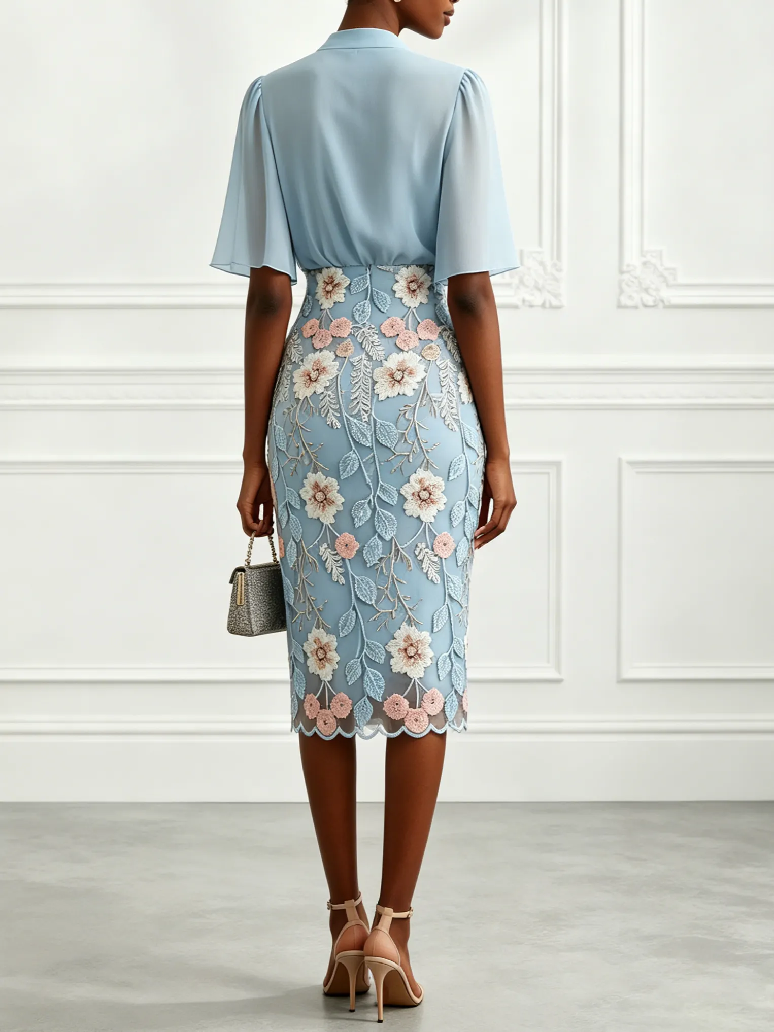Light Blue Classic V Neck Half Sleeve Bell Sleeve Sheath Midi Dress - Light Blue