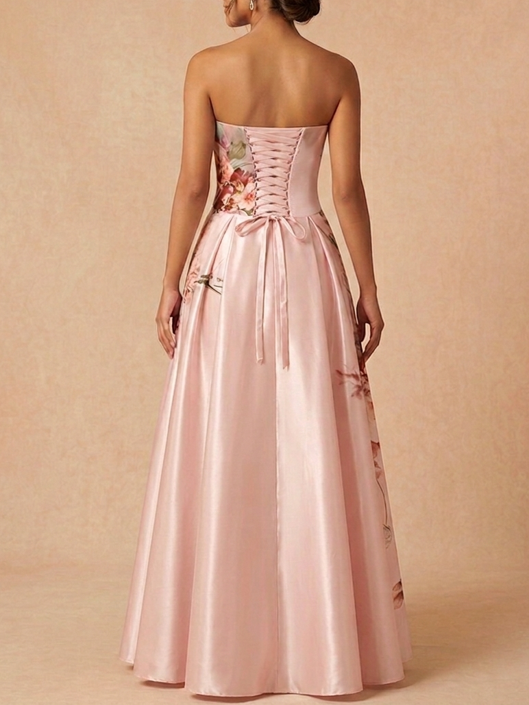 Pink Floral Strapless Mother of the Bride Dress A-Line Satin Gown - Pink