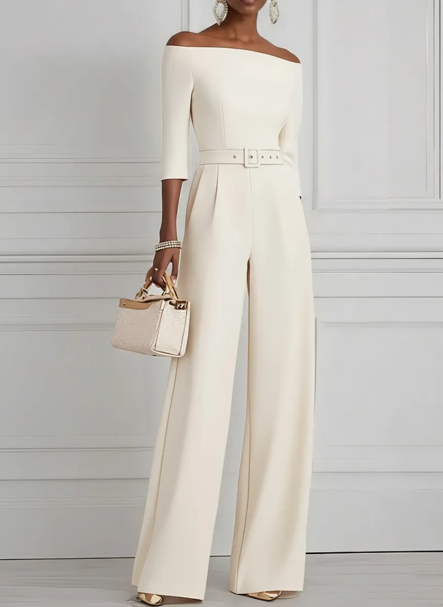 Women White Off The Shoulder Half Sleeve Dressy Jumpsuit With Pockets - White