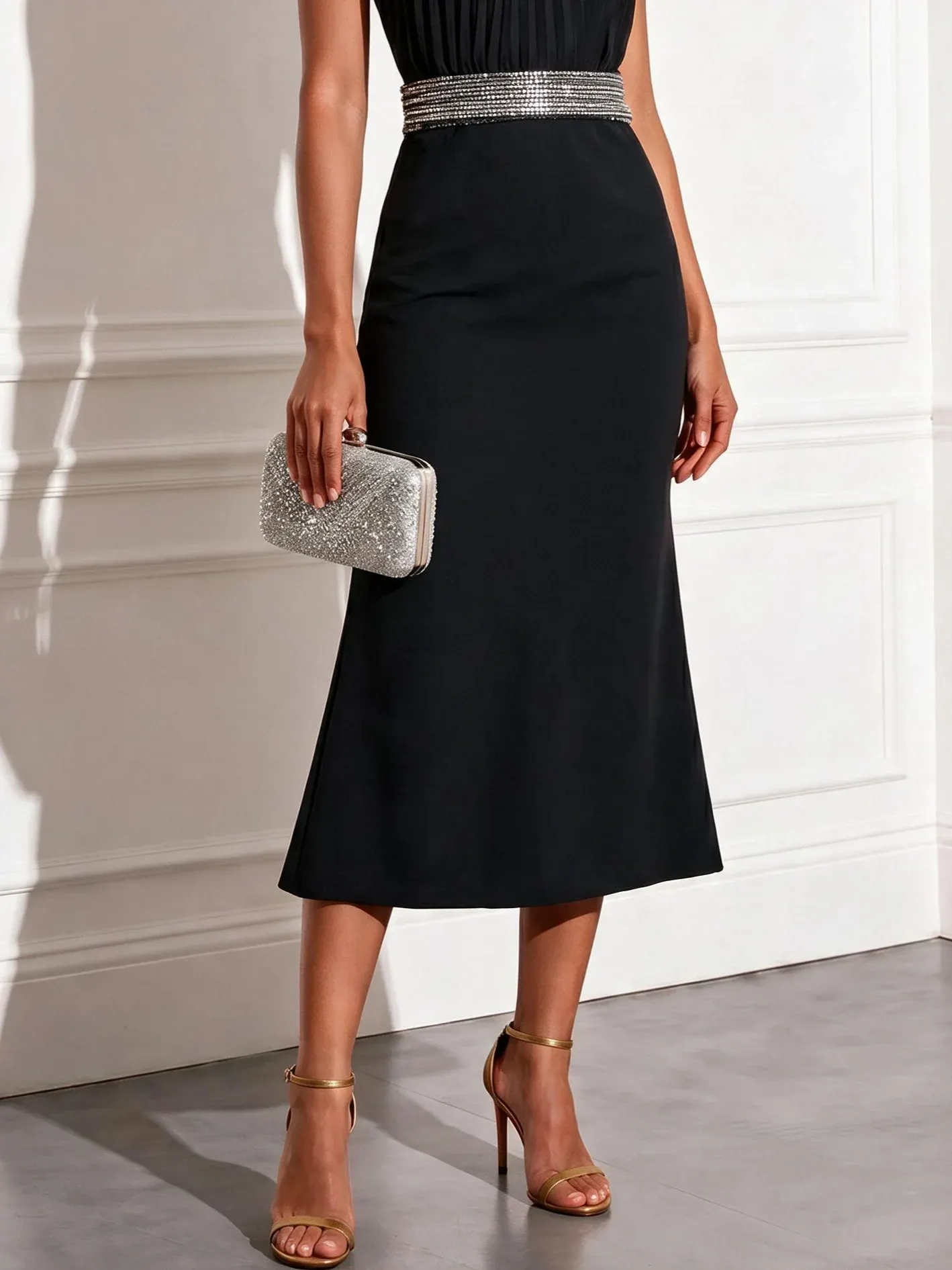 Black Rhinestone Classic Halter Neck Sleeveless Mermaid Midi Dress