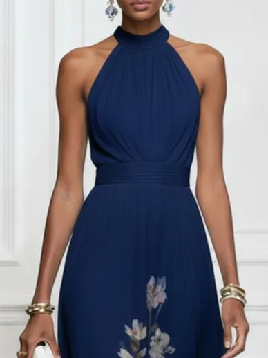 Navy Blue Floral Chiffon Halter Neck Sleeveless A-Line Maxi Dress
