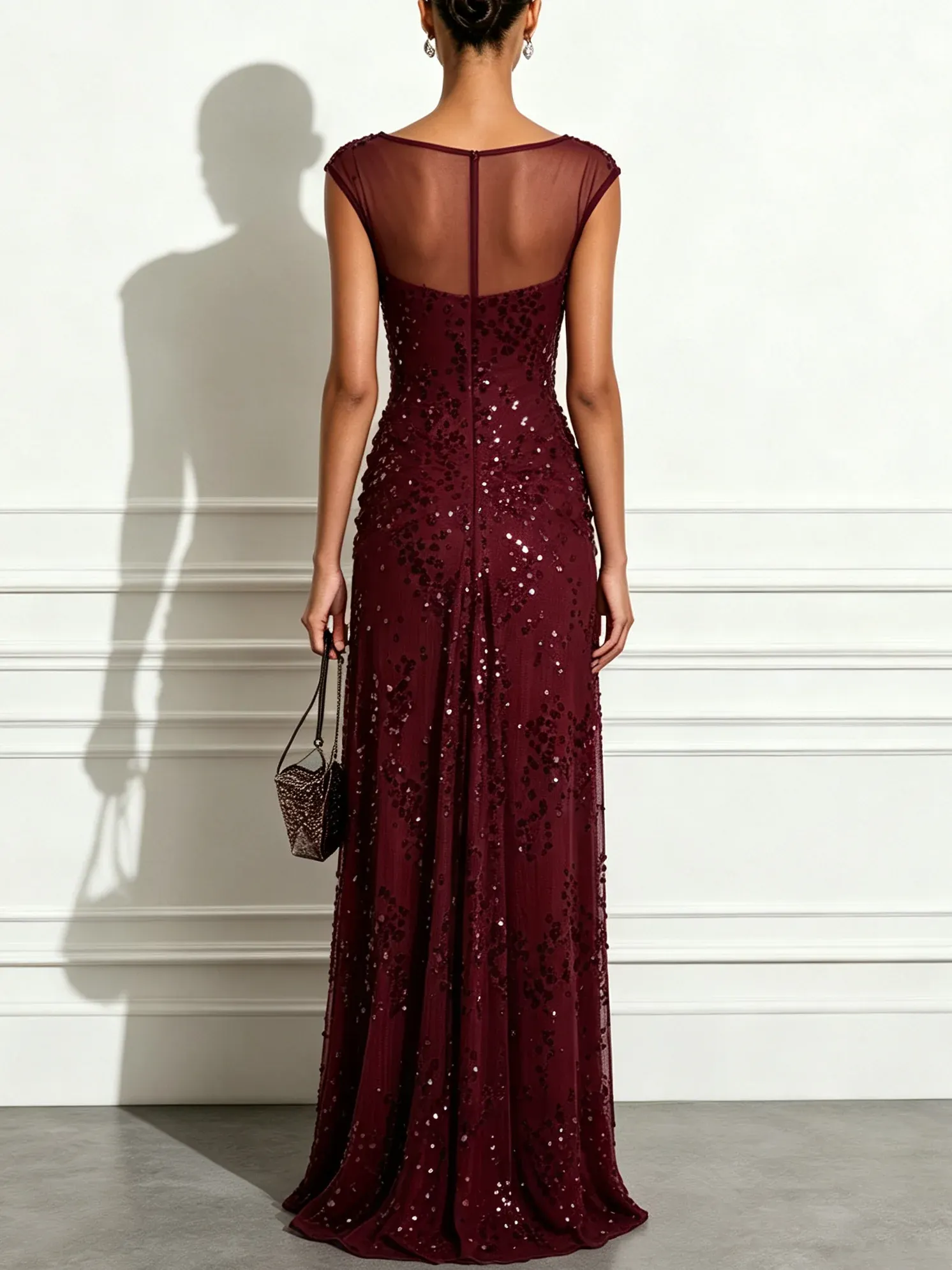 Burgundy Glitter Sequin Square Neck Cap Sleeve Sheath Gown Dress - Burgundy