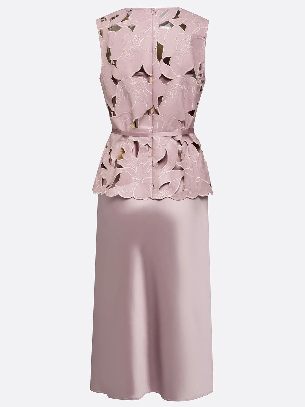Women Pink Lace Crew Neck Sleeveless Elegant Dress With Top Two-Piece Set