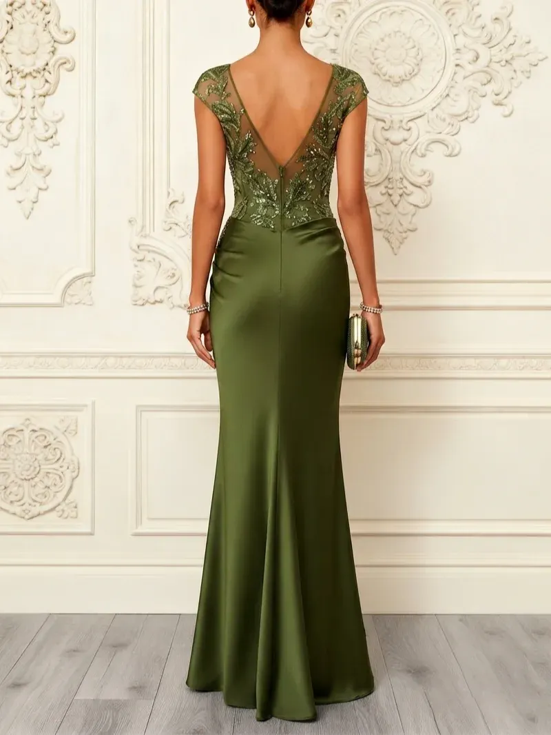 Army Green Glitter Sequin Satin Boat Neck Short Sleeve Mermaid Gown Dress