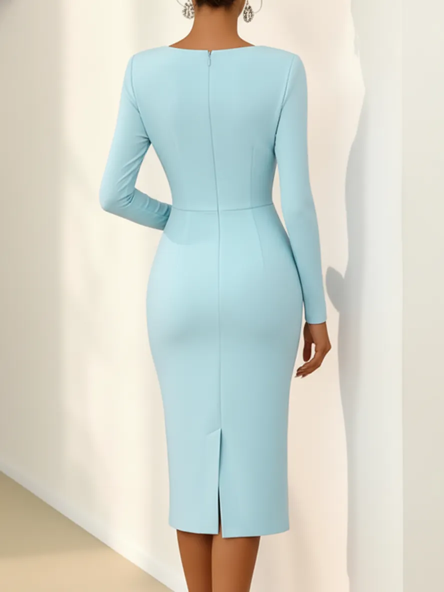 Light Blue 3D Floral Ruched Knit Asymmetrical Long Sleeve Sheath Midi Dress