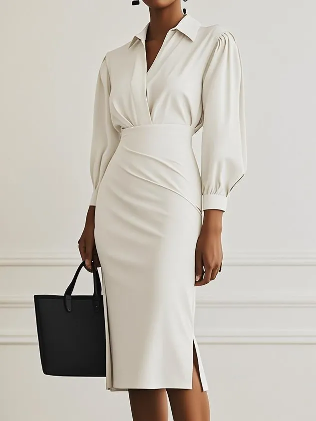 Women Light Blue Ruched Shirt Collar Long Sleeve Dressy Top With Skirt Two-Piece Set