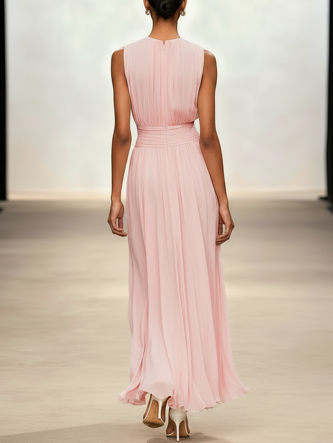 Light Pink Ruched Chiffon Crew Neck Sleeveless A-Line Maxi Dress - Light Pink