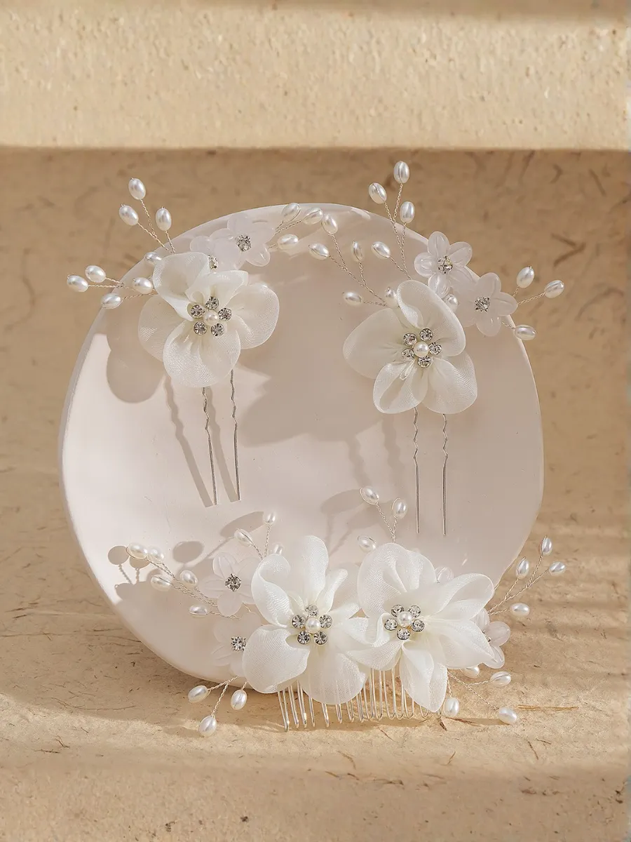 Bridal Handmade Floral Beaded Headpiece Set With Comb And U-shaped Hairpin