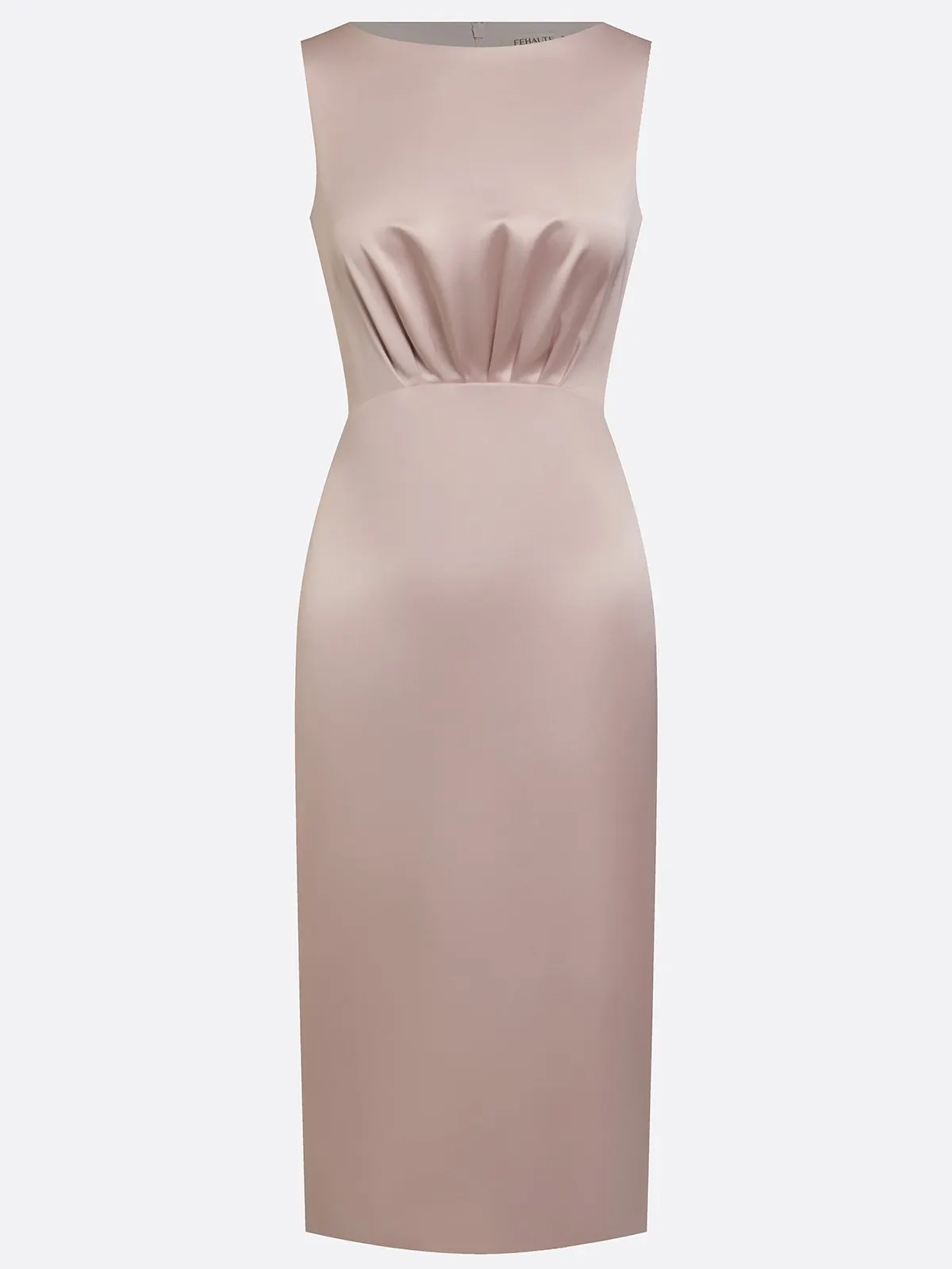 Pink Ruched Satin Boat Neck Sleeveless Sheath Midi Dress