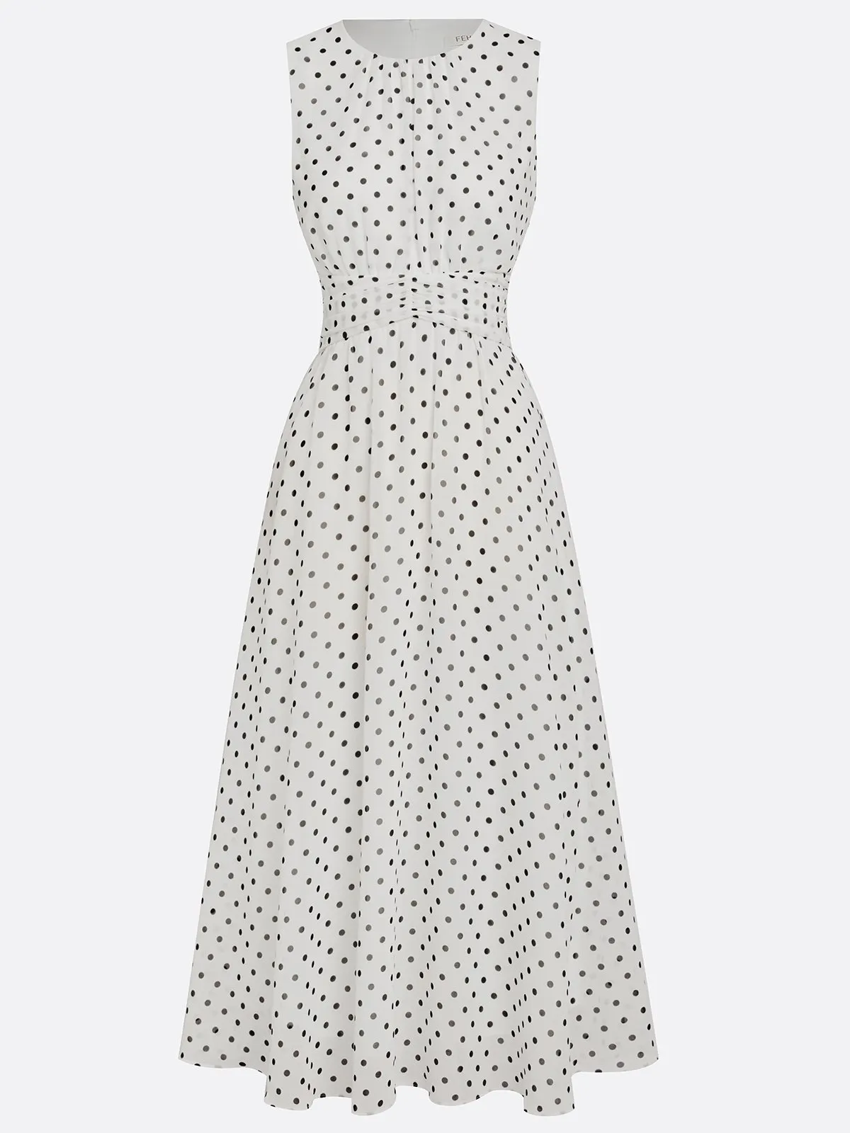 White Polka Dots Ruched Chiffon Crew Neck Sleeveless A-Line Maxi Dress