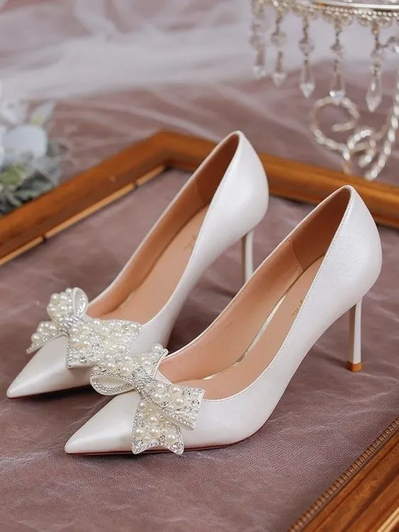 Elegant Spring New Arrival Stiletto Heels With Pointed Toes Rhinestone Pearl Bows (6-8cm) Wedding Shoes
