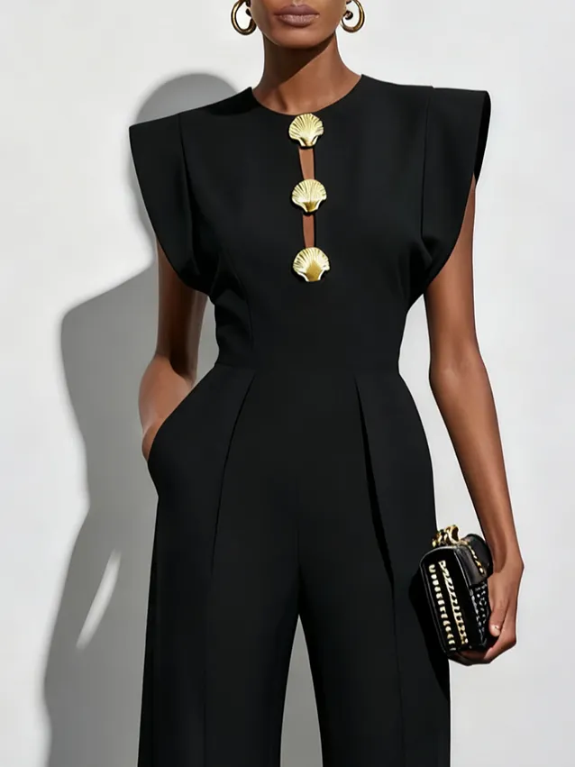 Women Black Buckle Hollow Out Crew Neck Cap Sleeve Dressy Jumpsuit