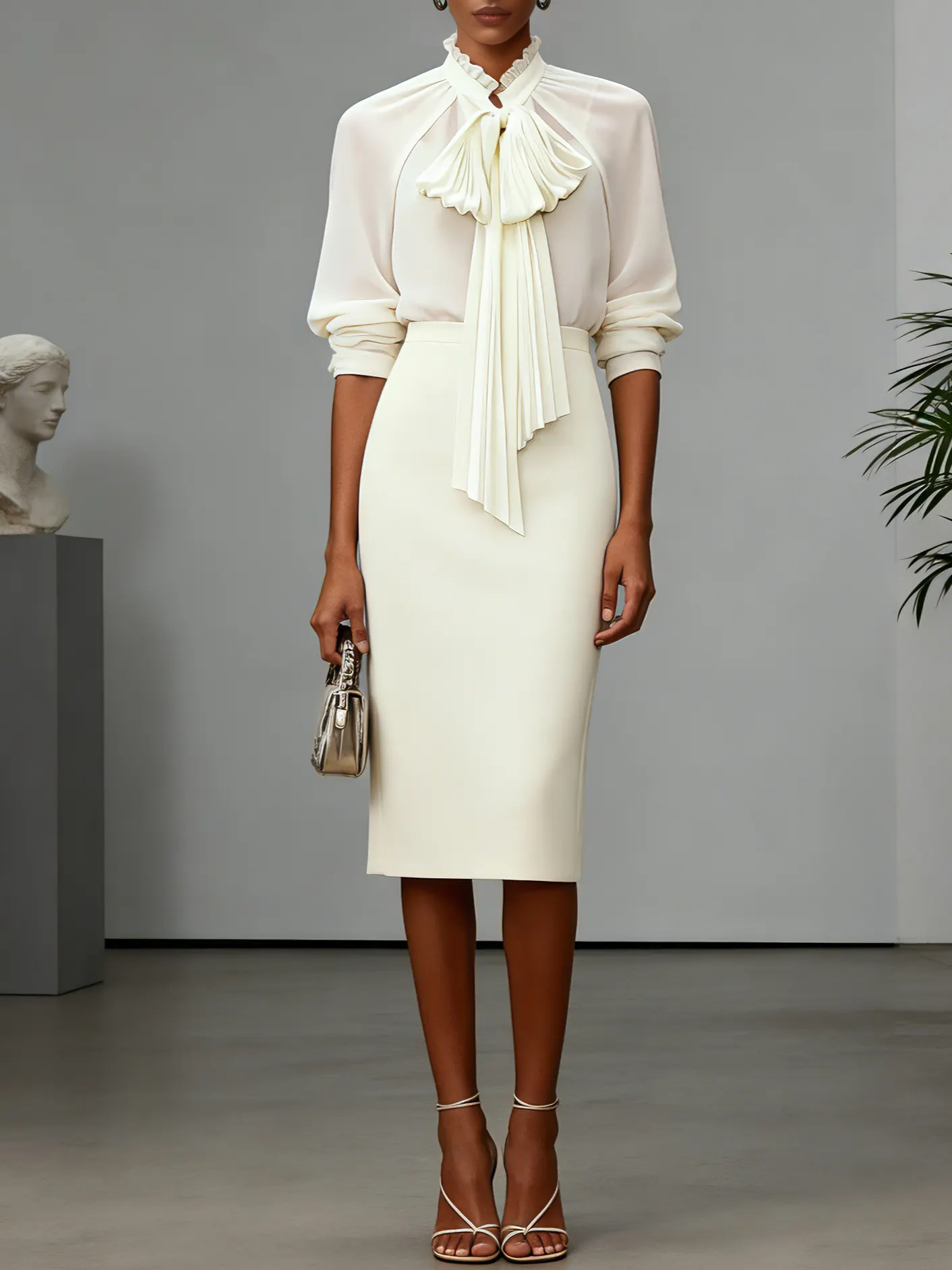 Women Beige Bow Pleated Tie Neck Elegant Top With Skirt Two-Piece Set