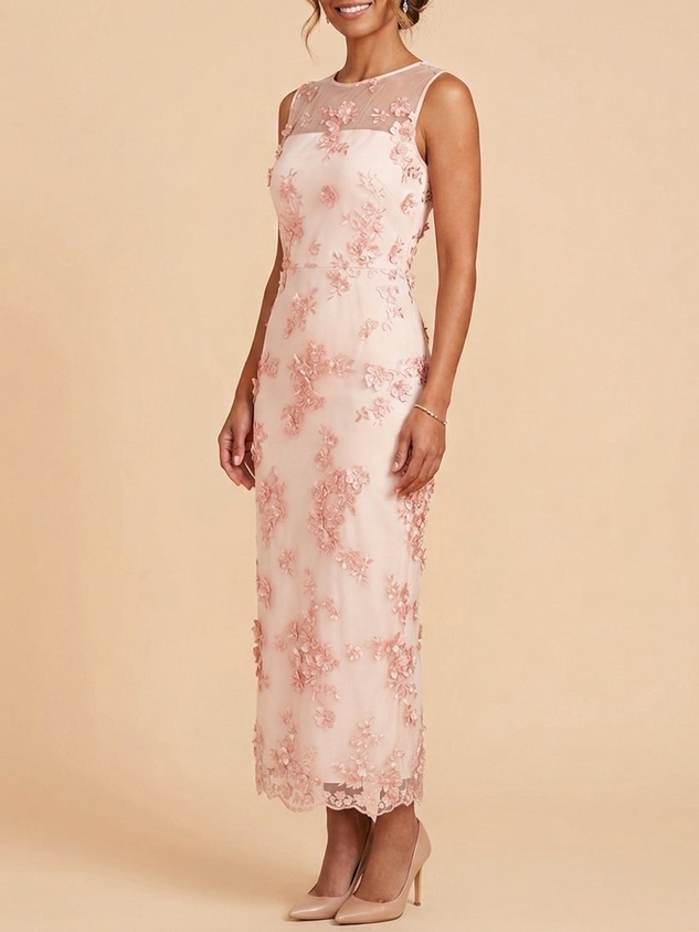 Elegant 3D Floral Applique Mother of the Bride Dress - Soft Pink Maxi Gown with Sheer Illusion Neckline