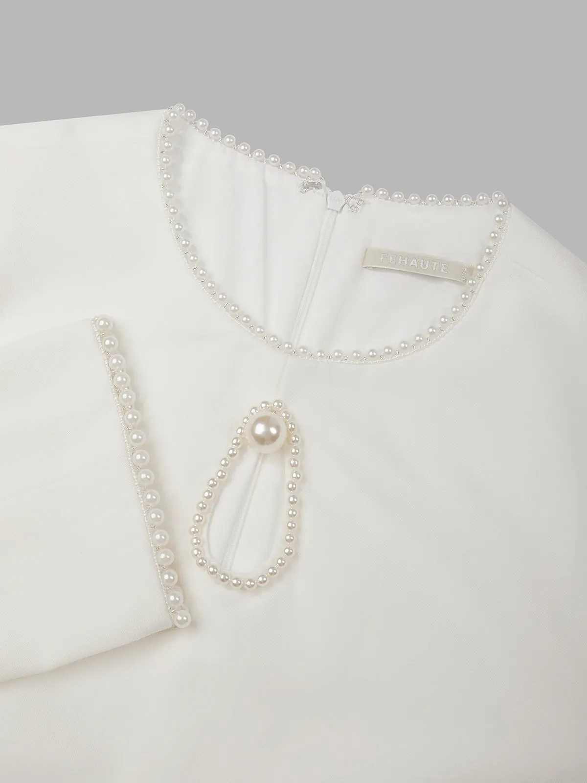 White Faux Pearl Cut Out Classic Crew Neck Long Sleeve Sheath Mini Dress