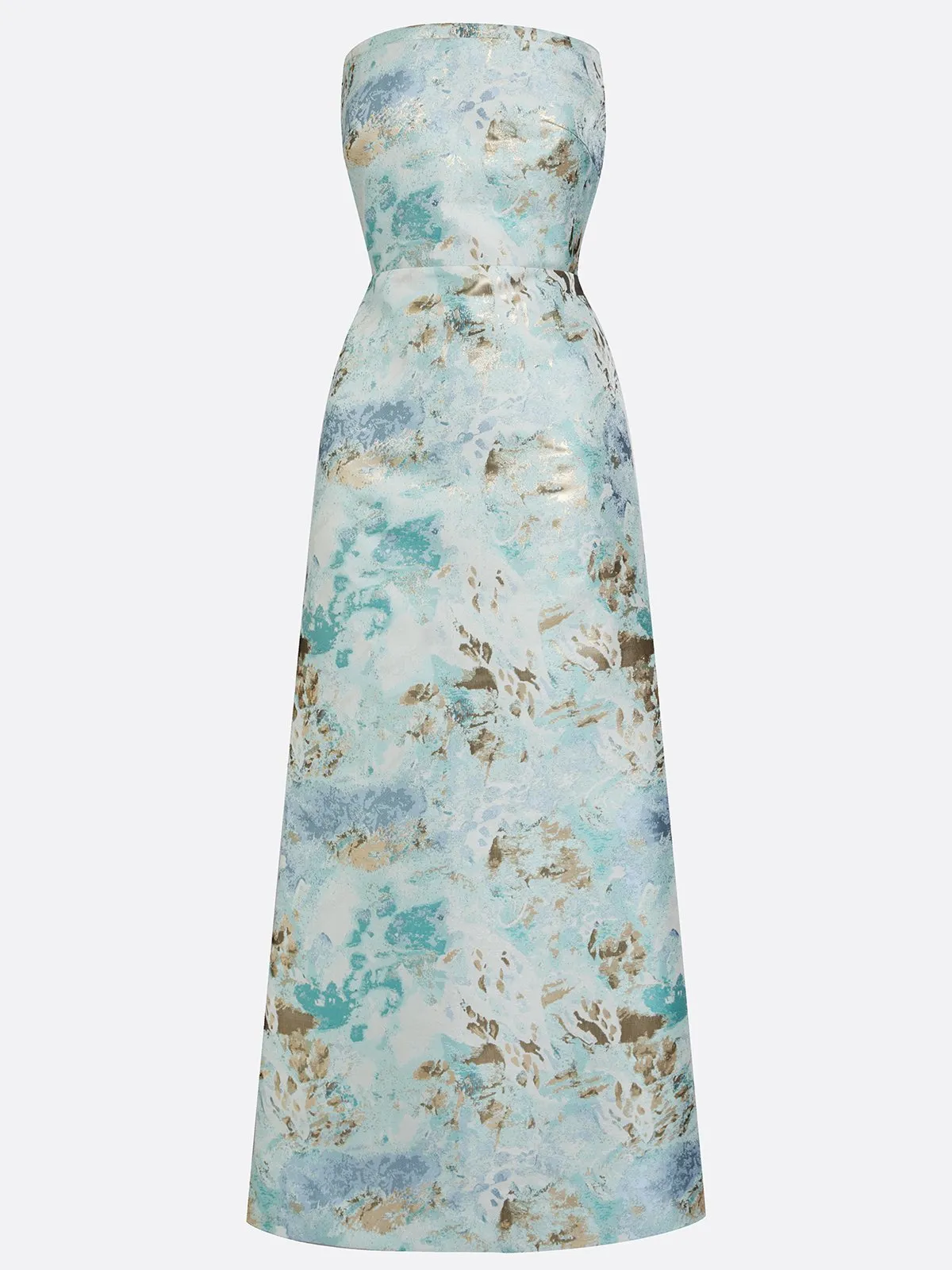 Light Blue Floral Jacquard Satin Strapless Sleeveless Sheath Floor Length Dress