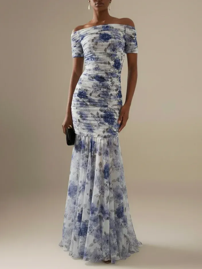 Blue Floral Gathered Tulle Off The Shoulder Short Sleeve Mermaid Floor-length Gown Dress - Blue