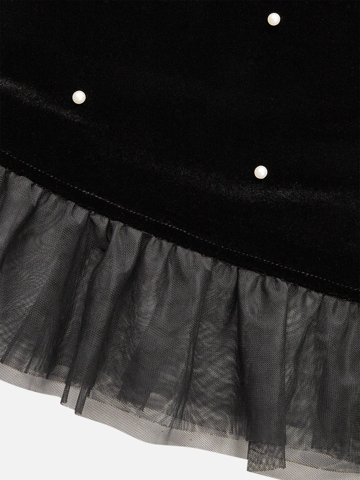 Black Beaded Ruffled Mock Neck Three Quarter Sleeve A-Line Maxi Velvet Dress