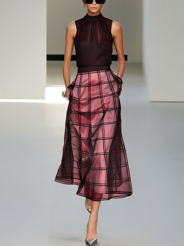 Wine Red Organza Plaid Classic Mock Neck Sleeveless A-Line Midi Dress