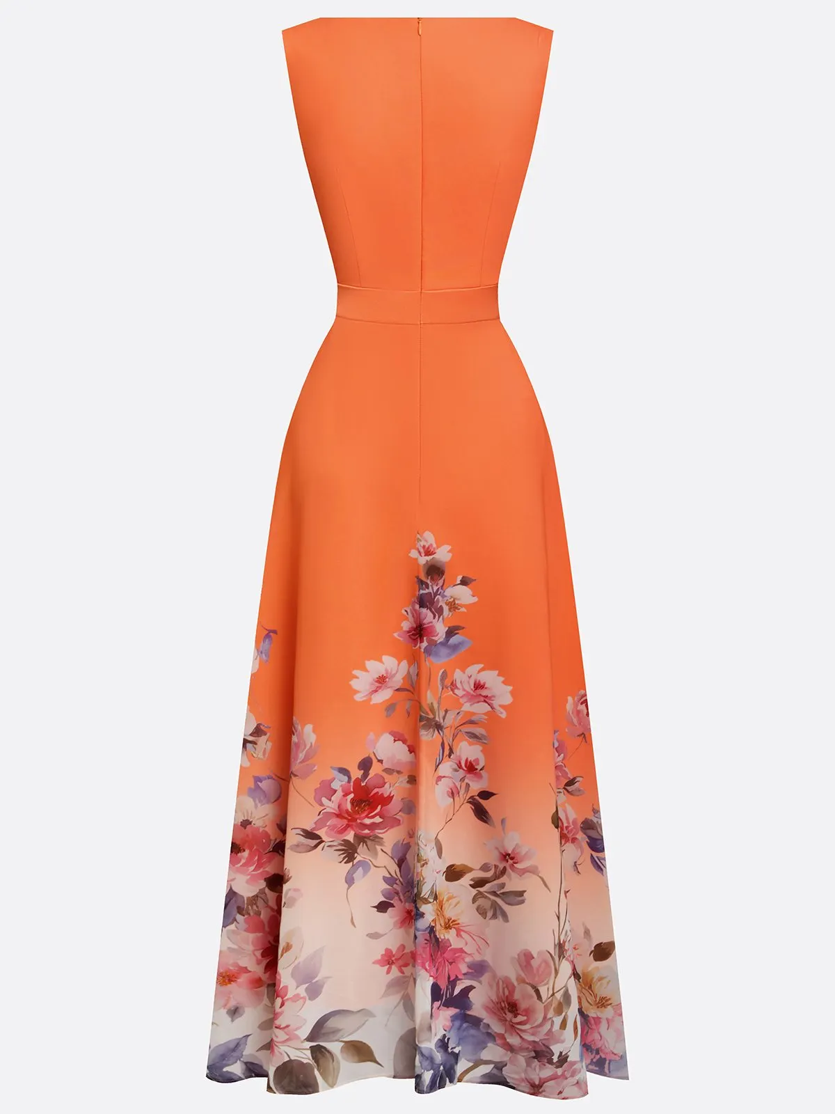 Orange Floral Chiffon V Neck Sleeveless A-Line Maxi Dress