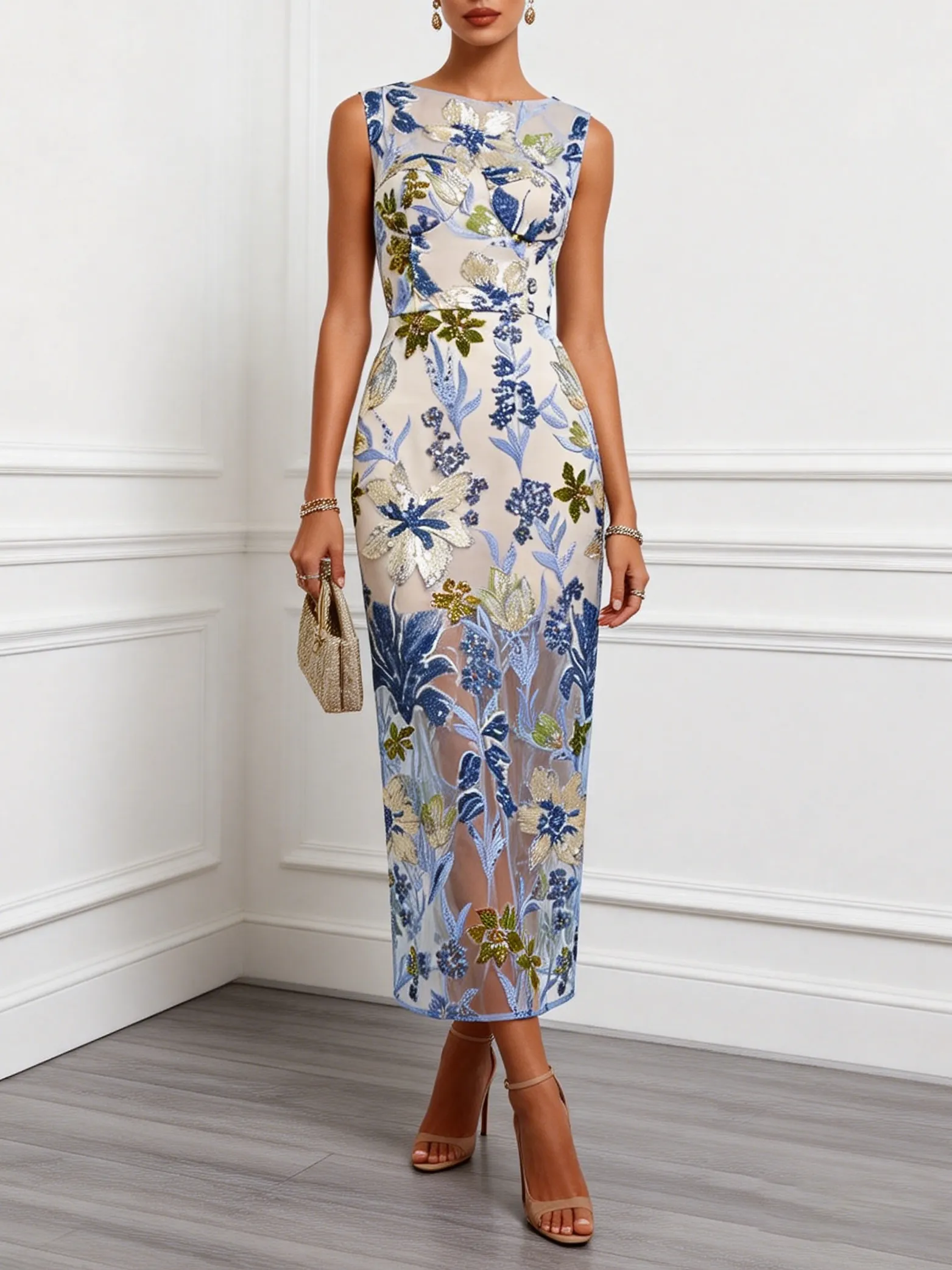 Blue Sequin Embroidery Classic Boat Neck Sleeveless Mermaid Floor-length Gown Dress - Blue