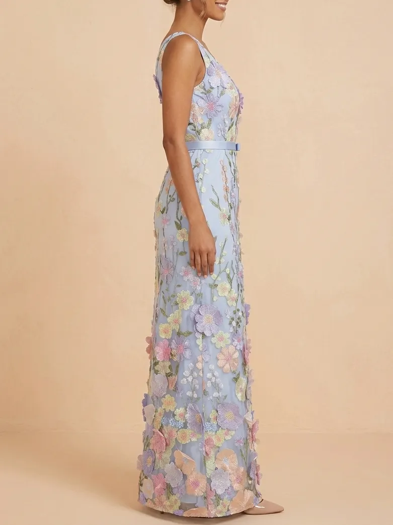 Elegant 3D Floral Applique Mother of the Bride Dress - Pastel Blue V-Neck Maxi Gown with Slit