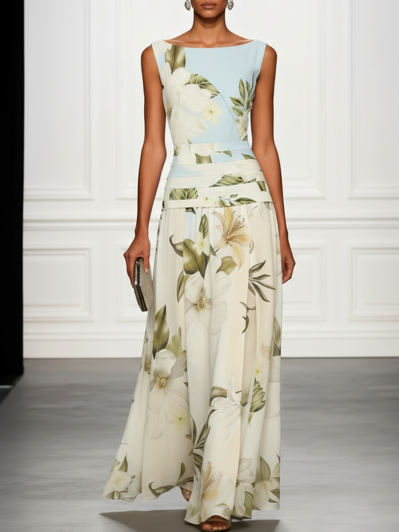 Light Blue Floral Ruched Classic Boat Neck Sleeveless A-Line Floor-length Gown Dress - Light Blue