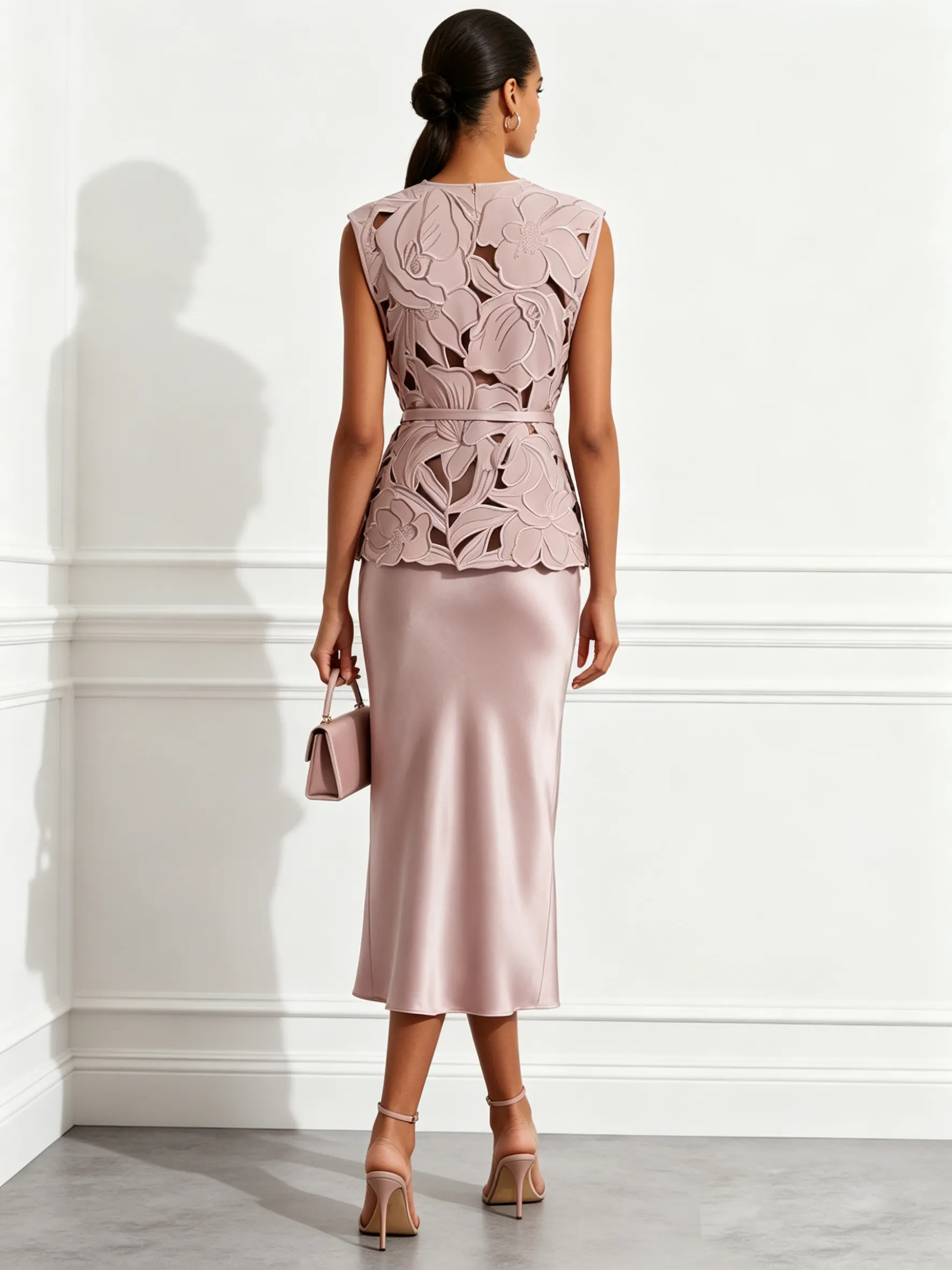 Women Pink Lace Crew Neck Sleeveless Elegant Dress With Top Two-Piece Set