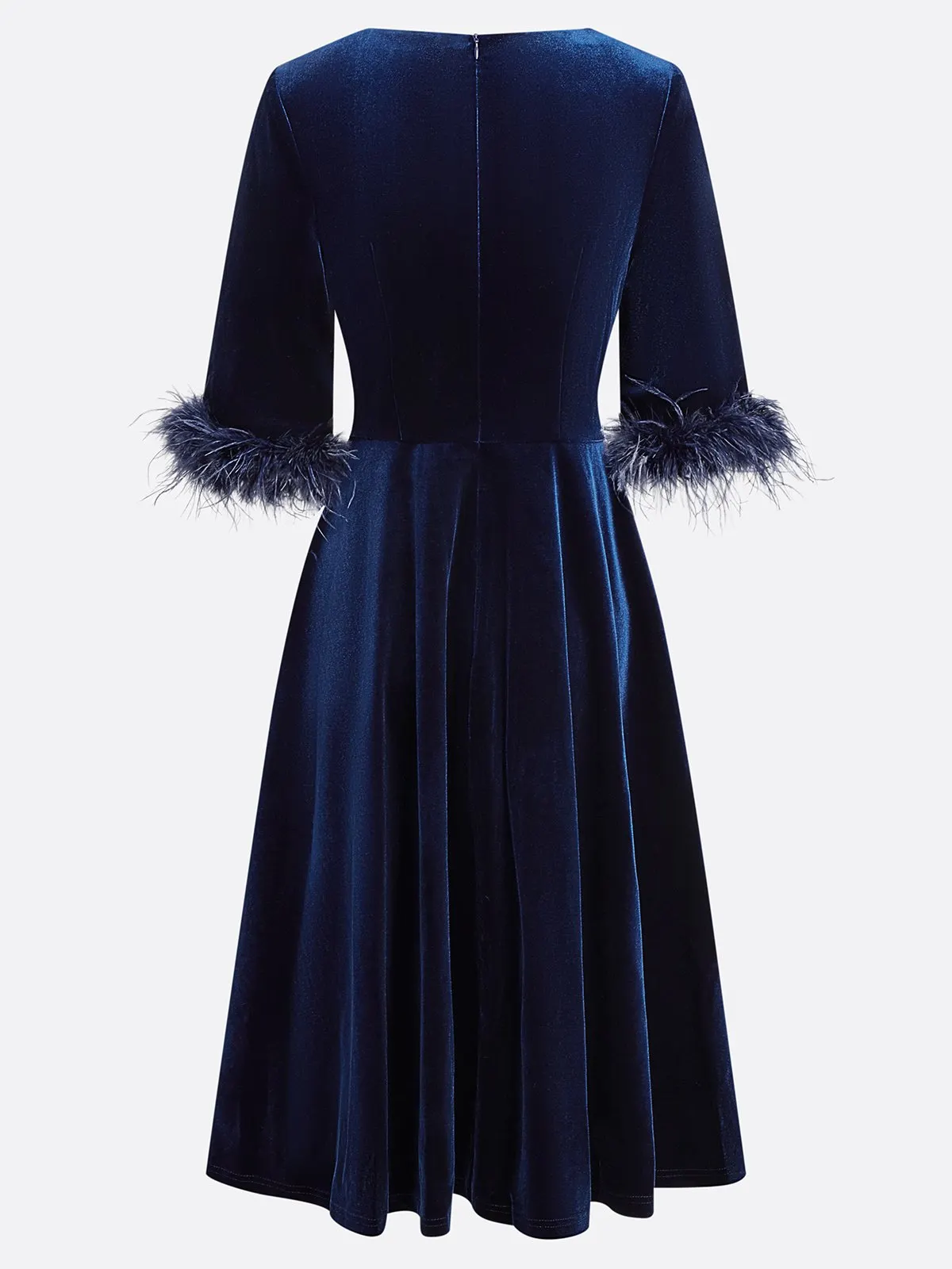 Purplish blue Feather-trimmed Velvet Crew Neck Half Sleeve A-Line Midi Dress