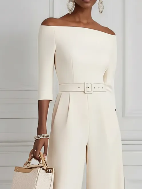Women White Off The Shoulder Half Sleeve Dressy Jumpsuit With Pockets