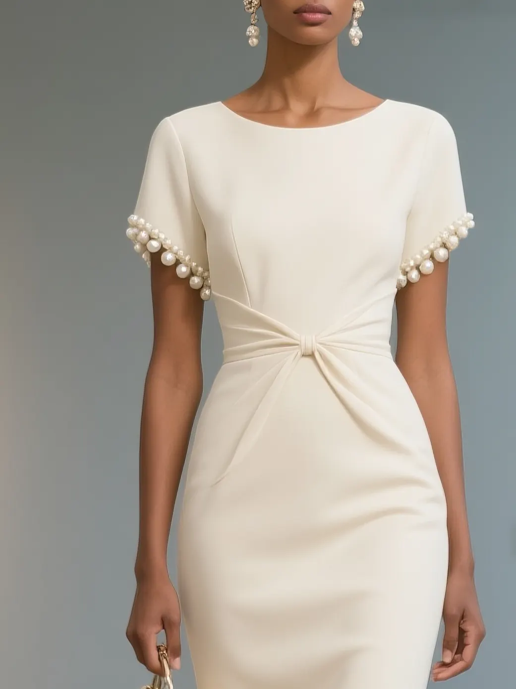 White Faux Pearl Knot Front Classic Boat Neck Short Sleeve Sheath Midi Dress