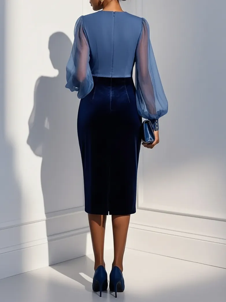 Navy Blue Mesh Split Joint Balloon Sleeve Sheath Midi Velvet Dress