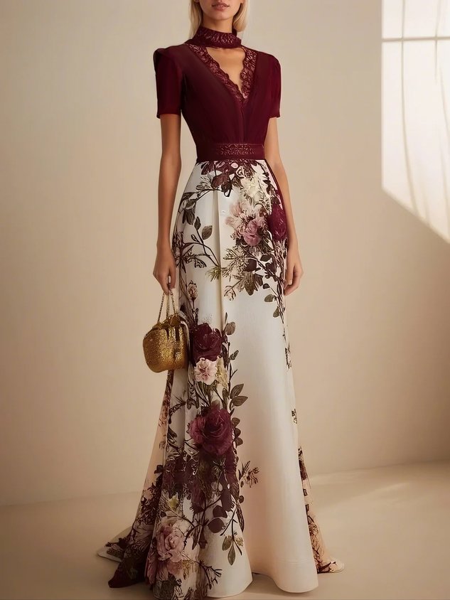 Wine Red Lace Floral Satin V Neck Short Sleeve A-Line Gown Dress