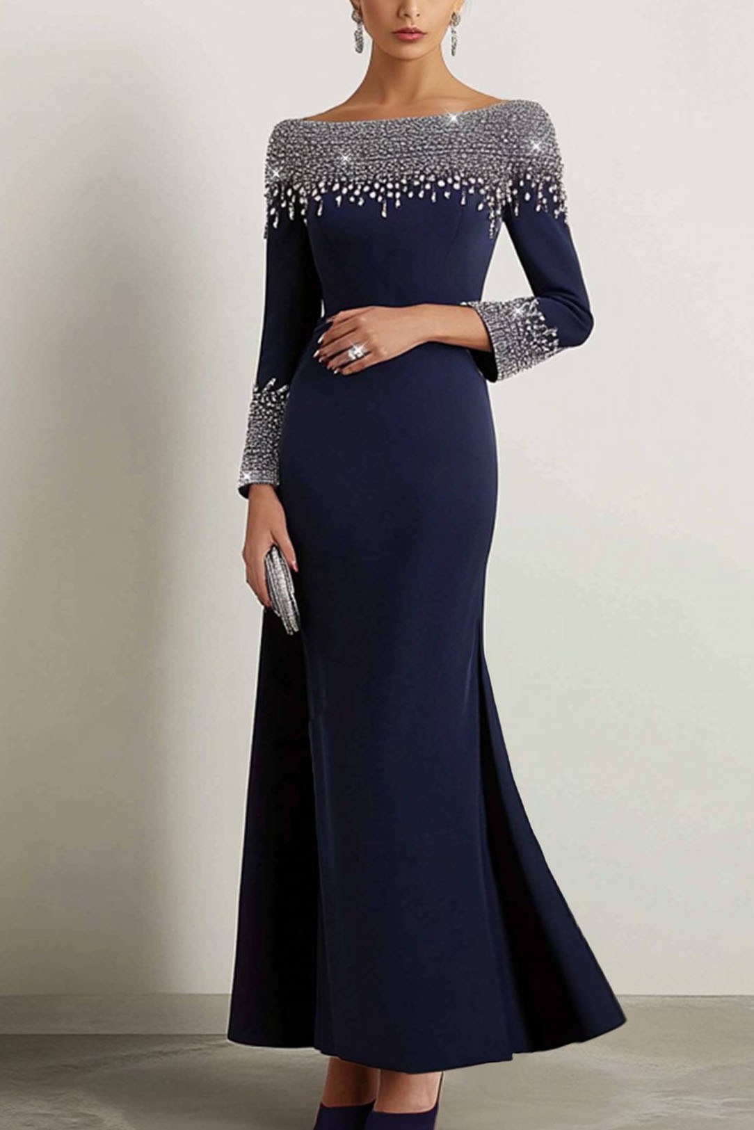 Elegant Dress Navy Boat Neck Rhinestone Maxi Dress Mother of the Bride Dress - Navy