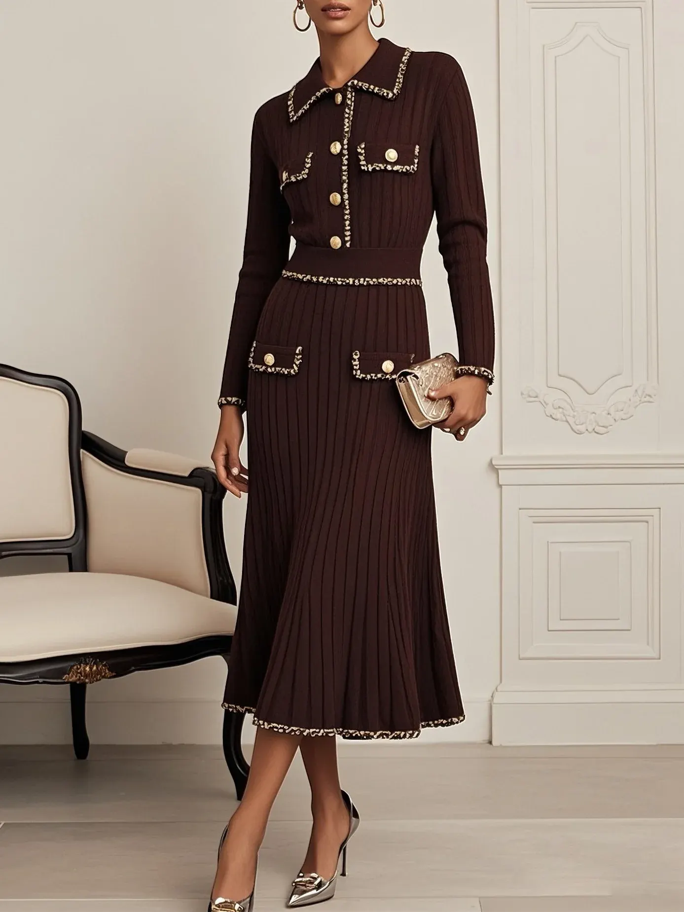 Red Brown Piping Buckle Sweater Lapel Collar Long Sleeve A-Line Midi Dress - Red Brown