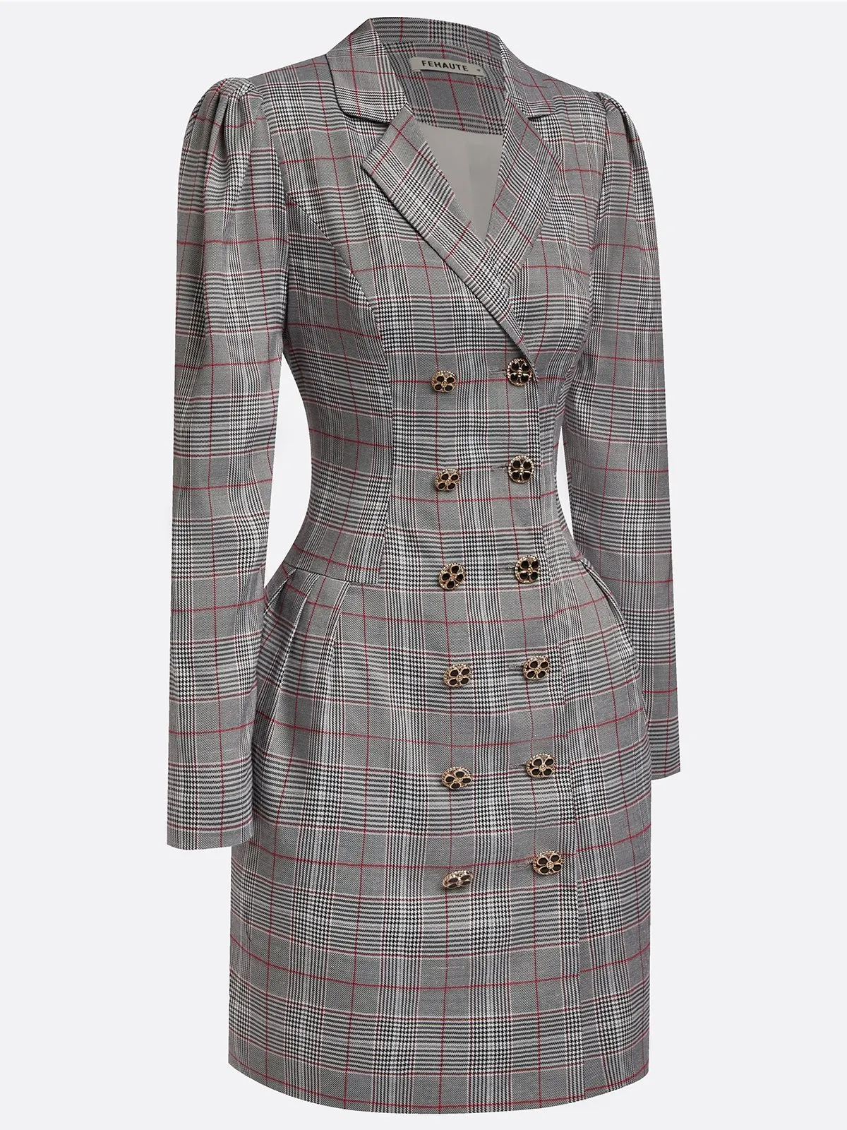 Gray Buckle Shoulder Pad Blazer Lapel Collar Long Sleeve A-Line Mini Dress