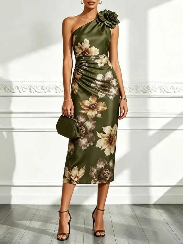 Burgundy 3D Floral Satin One Shoulder Sleeveless Sheath Midi Dress