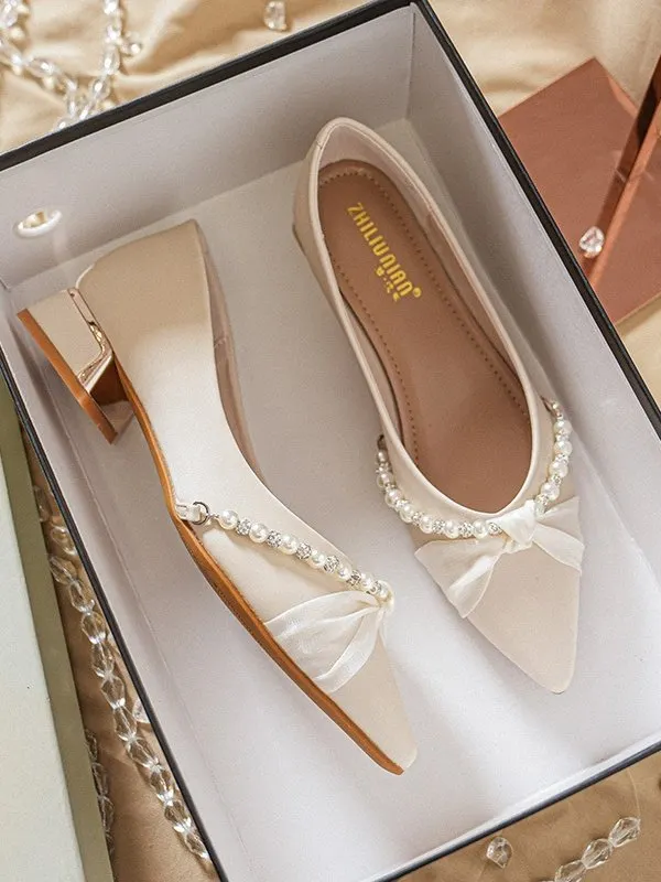 Urban Lightweight Pointed-toe Matte Satin-trimmed Rhinestone And Pearl Low-heeled Wedding Shoes