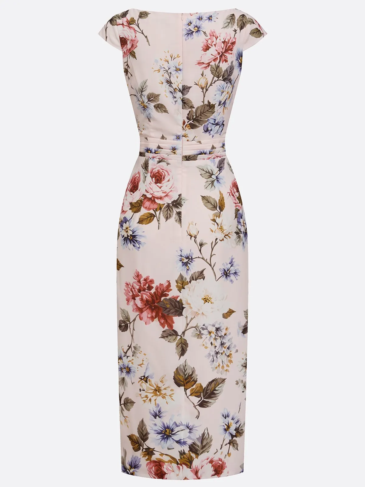 Light Pink Floral Classic Boat Neck Cap Sleeve Sheath Midi Dress