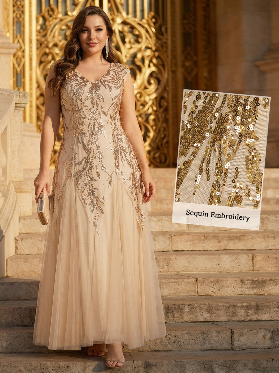 Glitter Embroidered Cap Sleeve High Stretch Mother of the Bride Dress #color_Gold