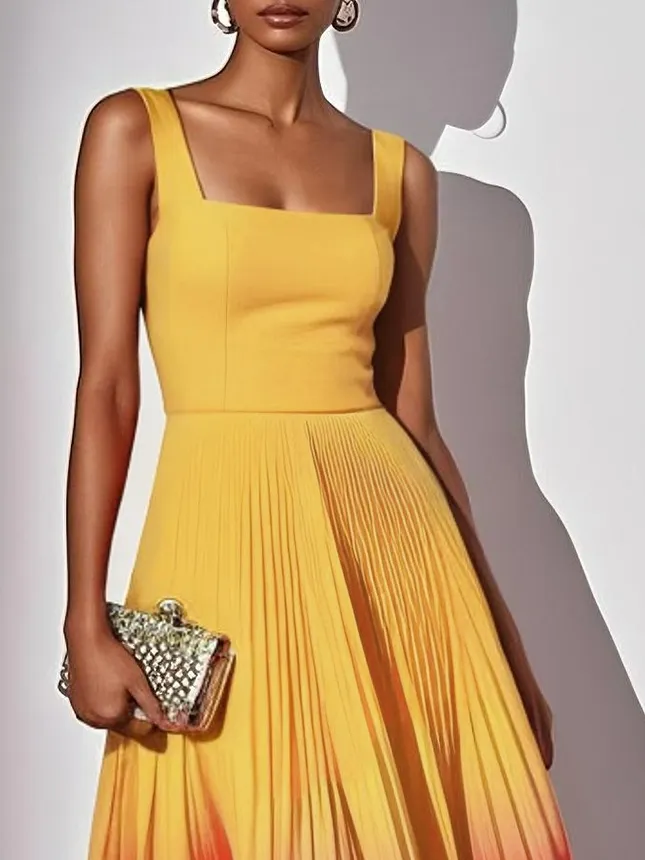 Yellow Pleated Ombre Classic Square Neck Sleeveless A-Line Midi Dress - Yellow
