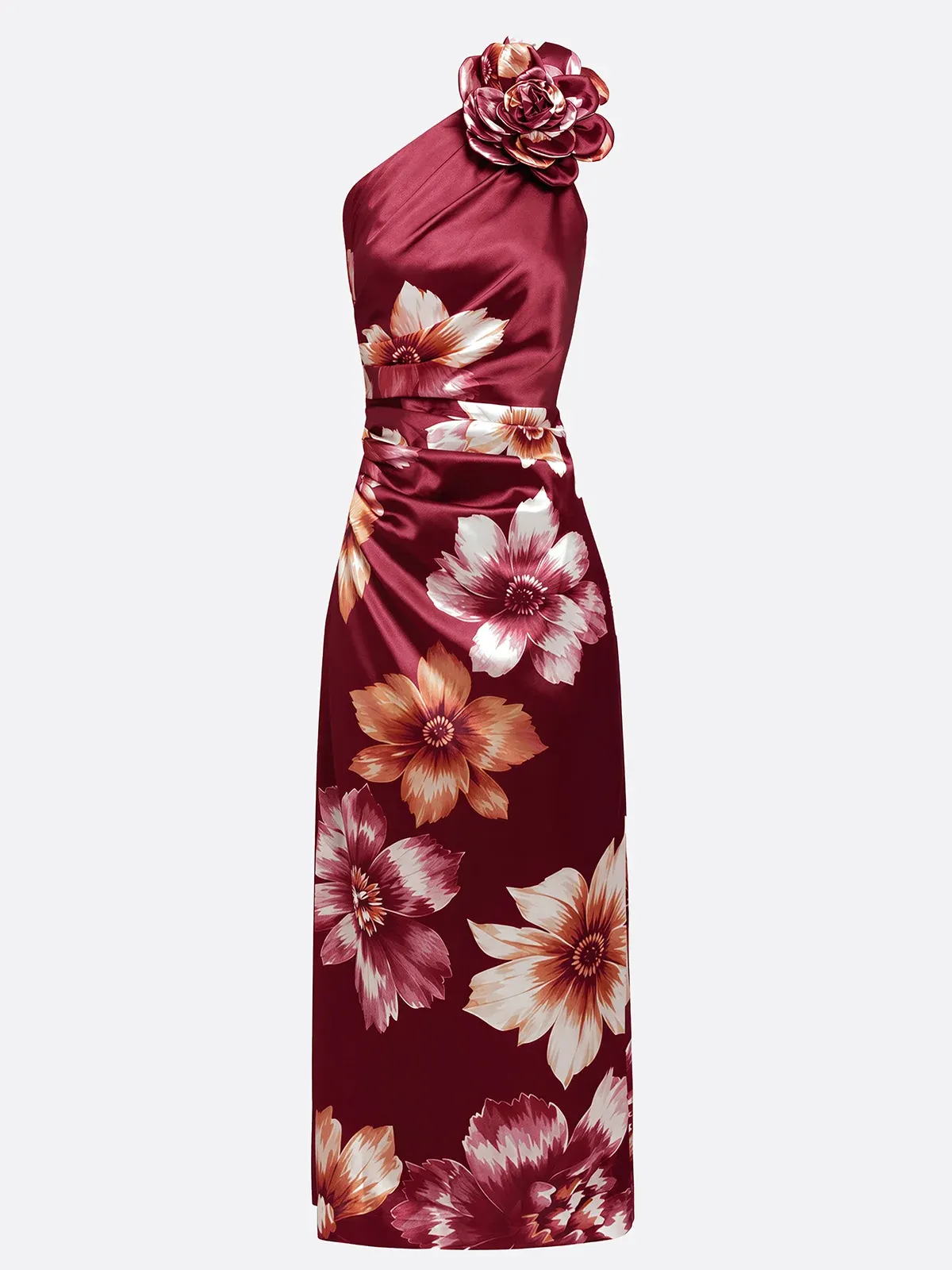 Burgundy 3D Floral Satin One Shoulder Sleeveless Sheath Midi Dress