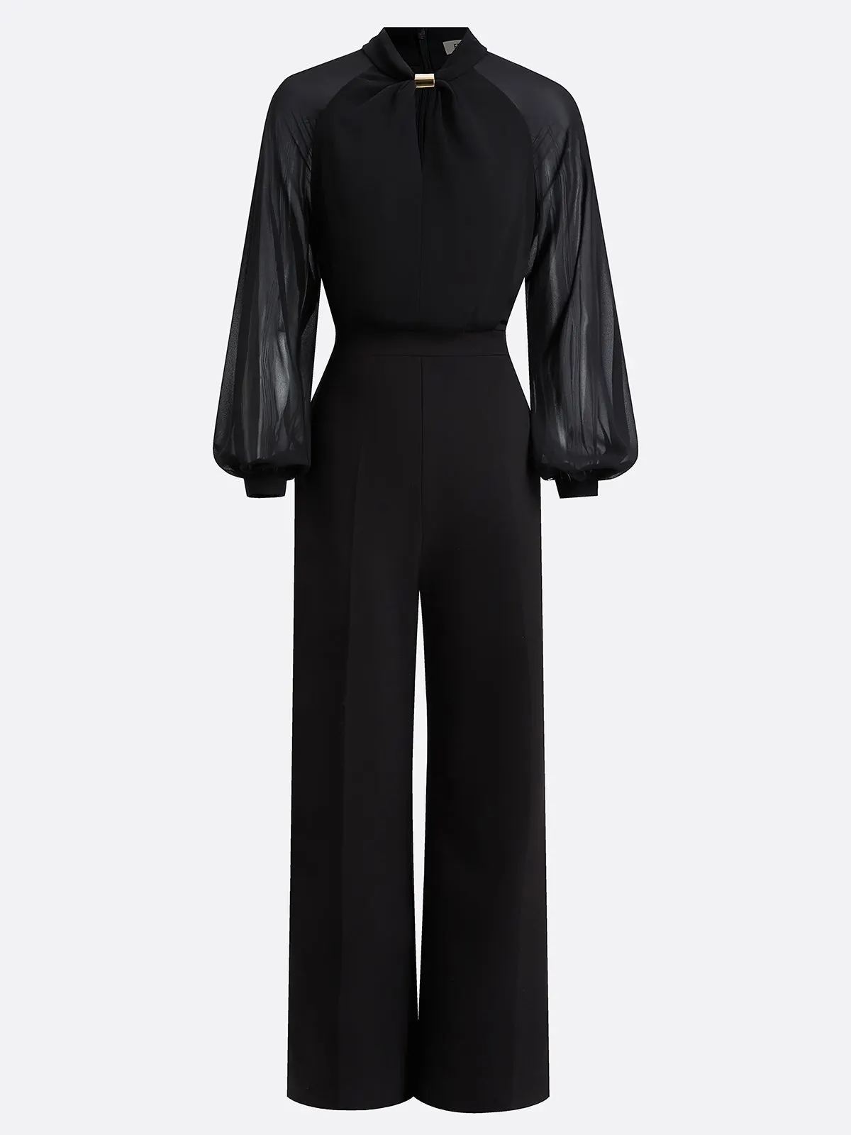 Women Black Metal Buckle Mock Neck Long Sleeve Balloon Sleeve Dressy Jumpsuit