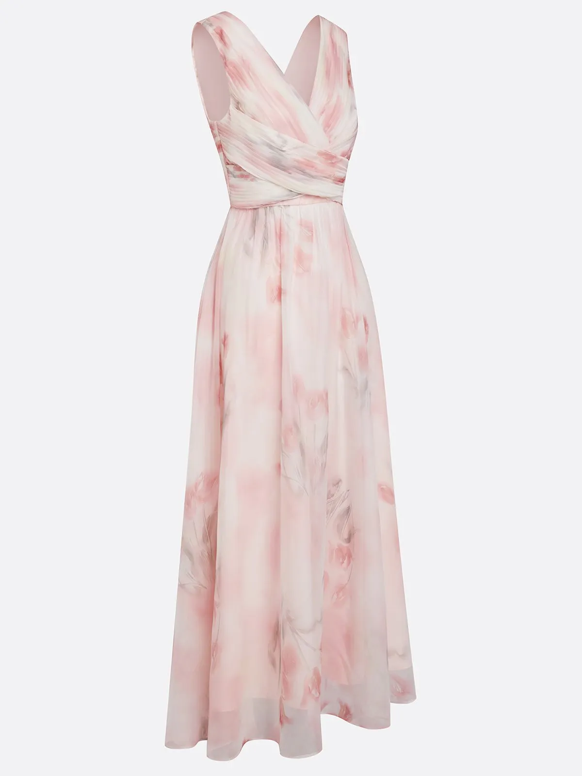 Light Pink Floral Ruched Chiffon V Neck Sleeveless A-Line Floor-length Gown Dress