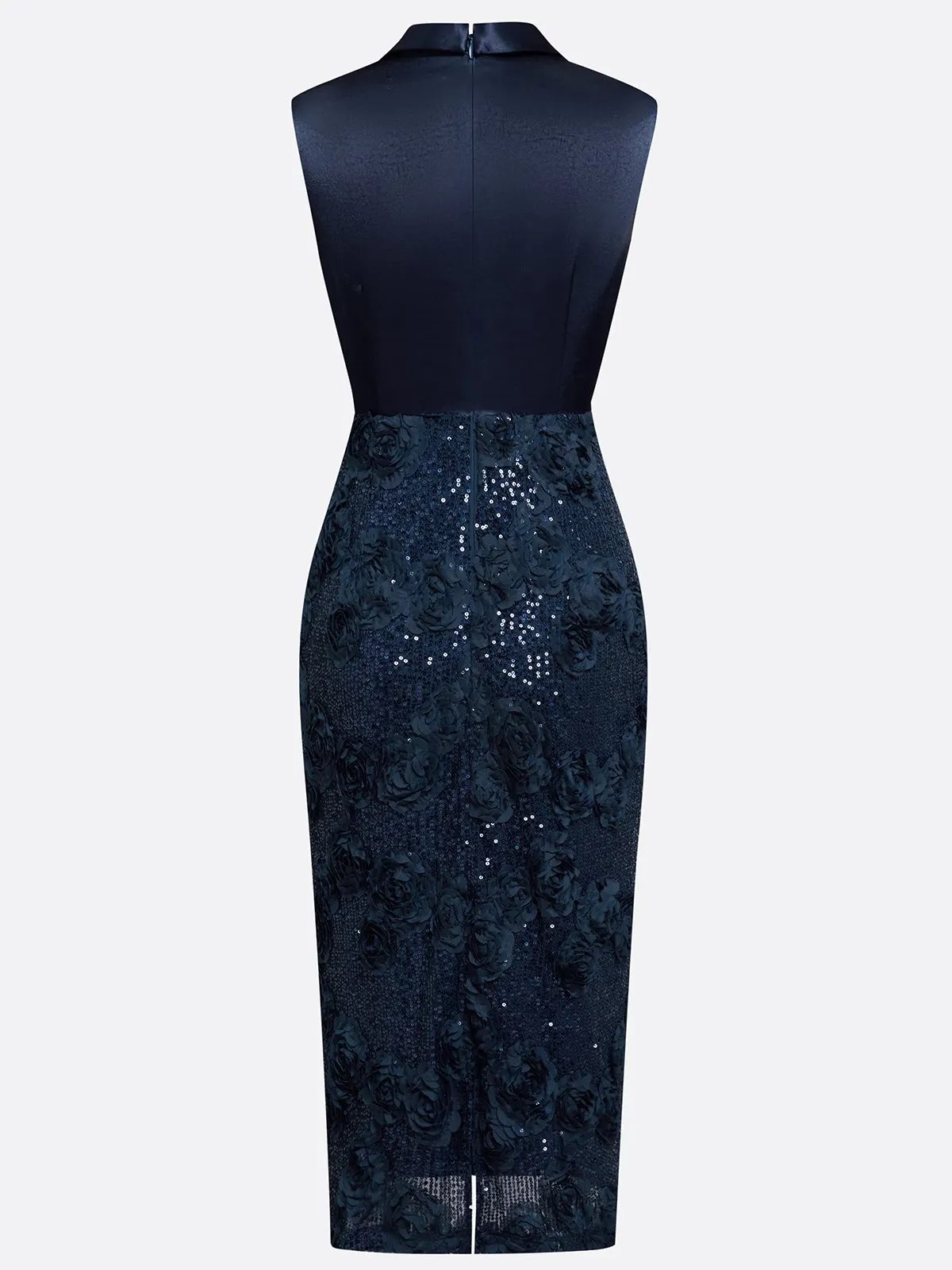 Purplish Blue 3D Floral Glitter Sequin V Neck Sleeveless Sheath Midi Dress