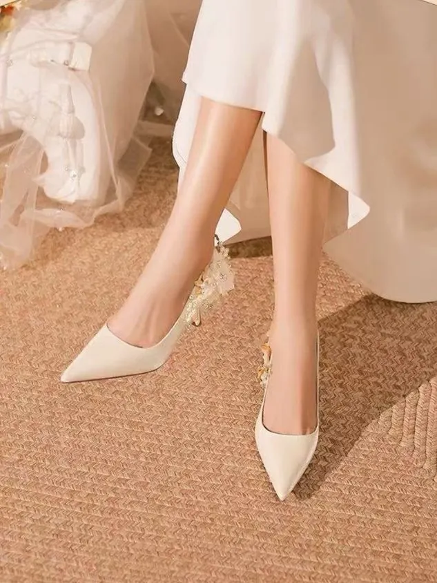Elegant Bridal Glamour Satin Diamond Pearl Floral Pointed-toe Wedding Shoes
